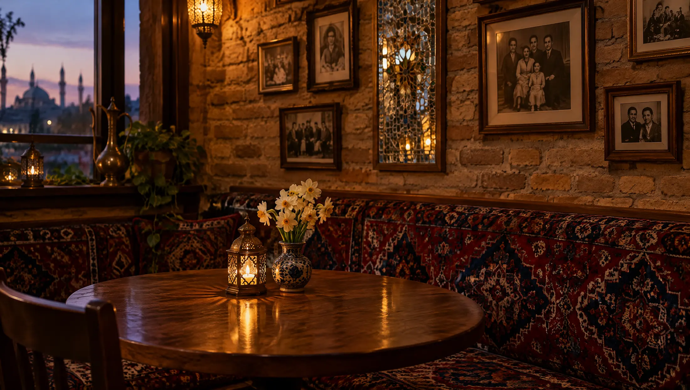 A corner booth with a candle lantern, narcissus and family photographs on the brick wall