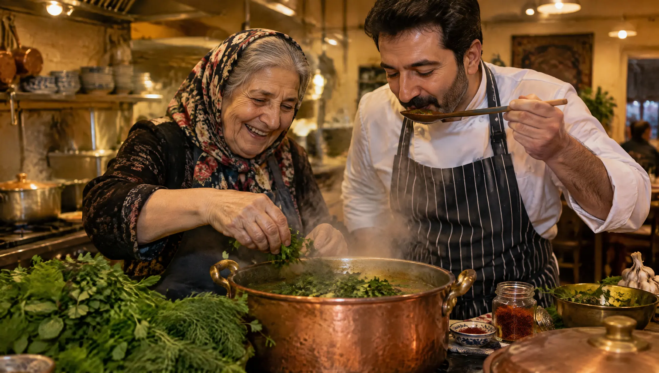 Maman Parvin laughing over a copper pot of herbs while her son tastes from a wooden spoon