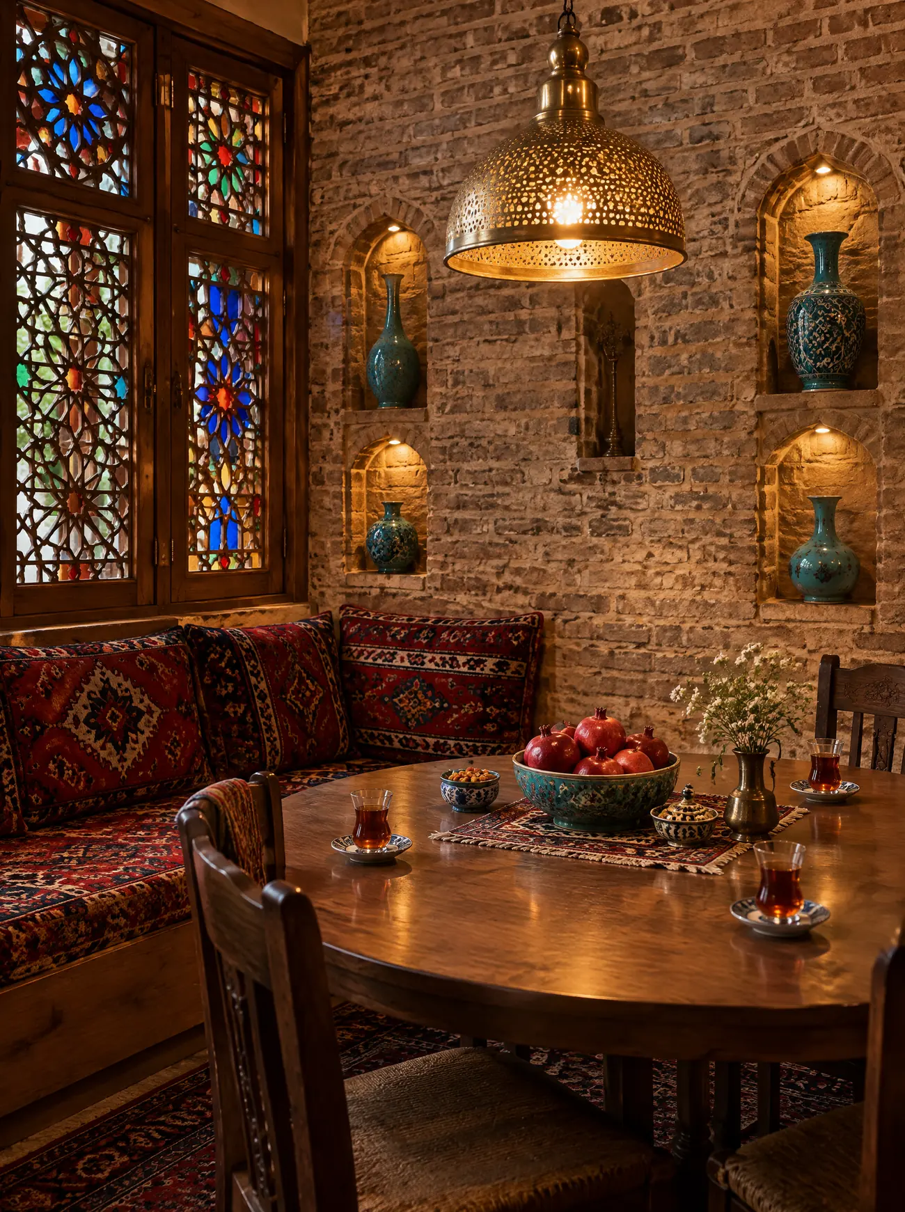 A private dining room with stained-glass windows, a brass lantern and a table of tea and pomegranates