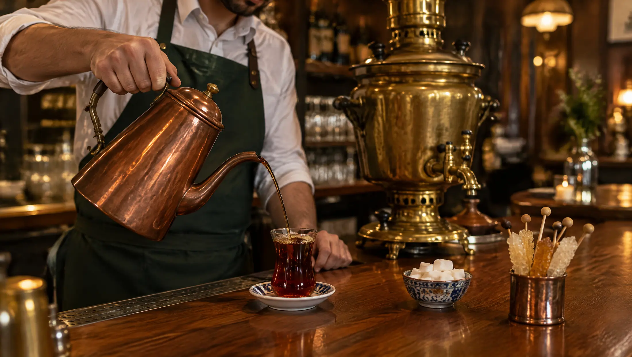 A waiter pouring tea from a copper teapot at the bar, a brass samovar behind