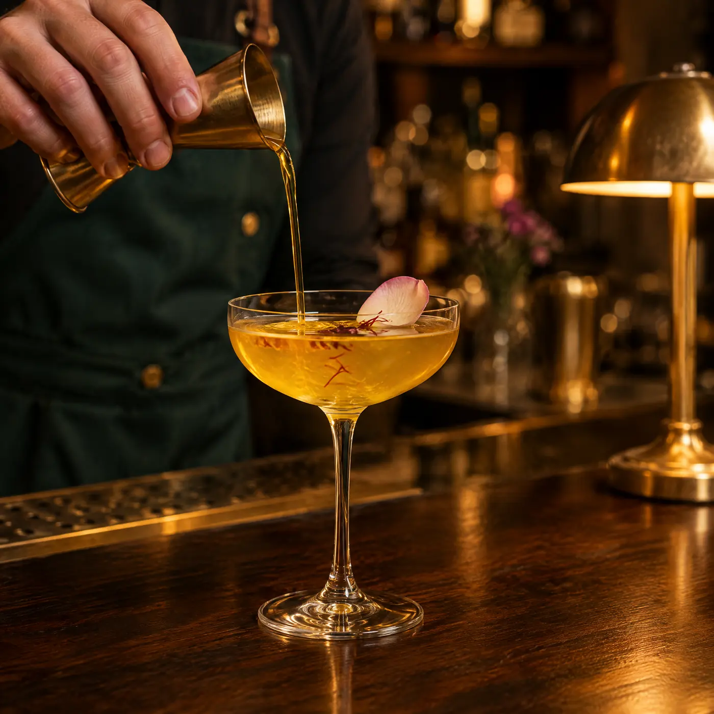 A bartender pouring a saffron and rose cocktail into a coupe
