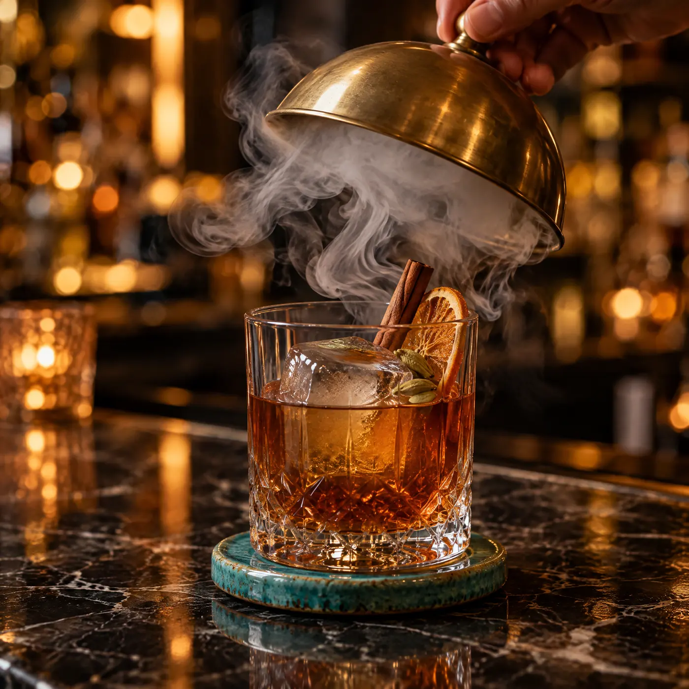 A cardamom old fashioned released from under a smoking brass cloche