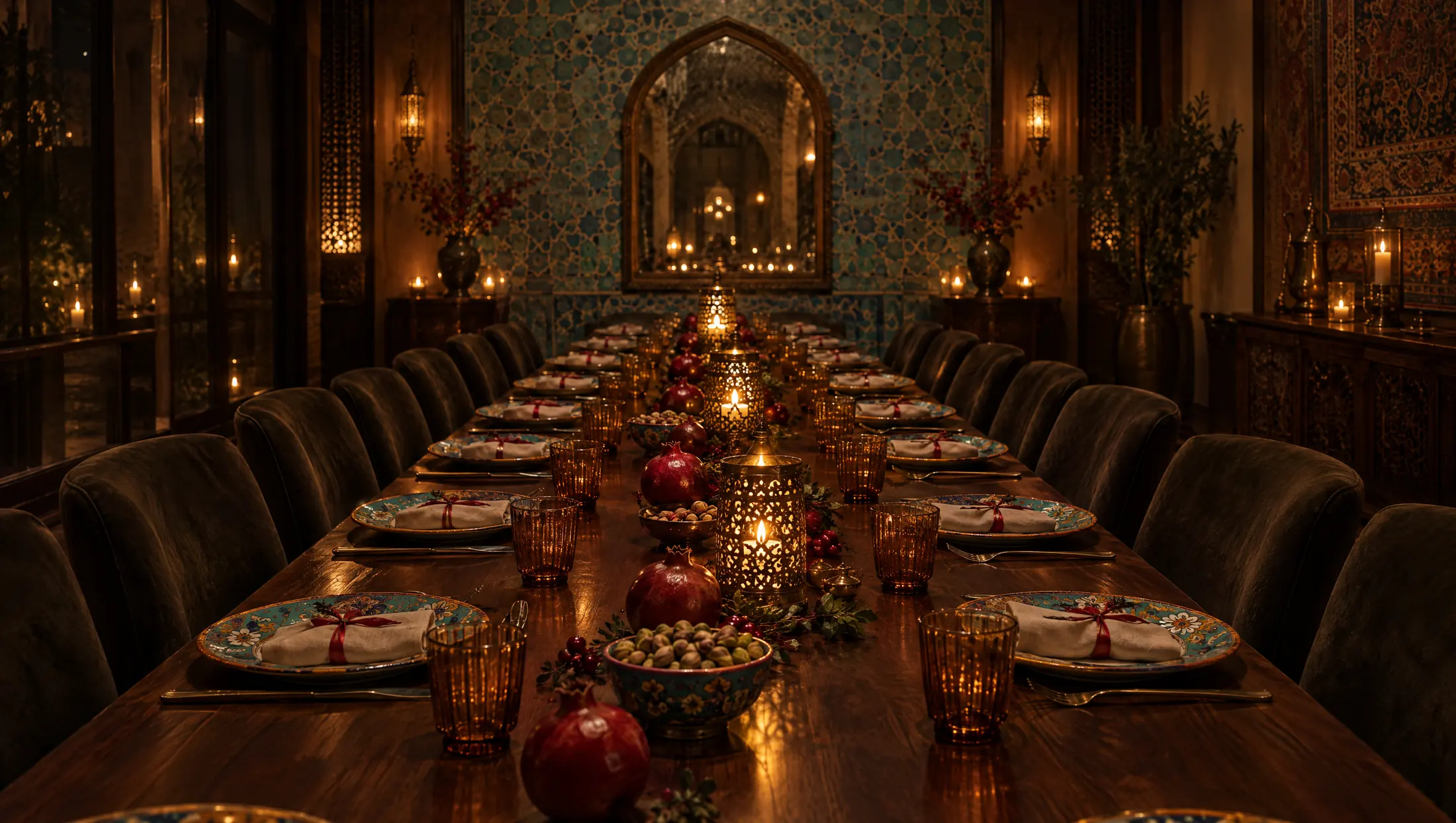 A long family table set for dinner under candle lanterns in the Anar dining room