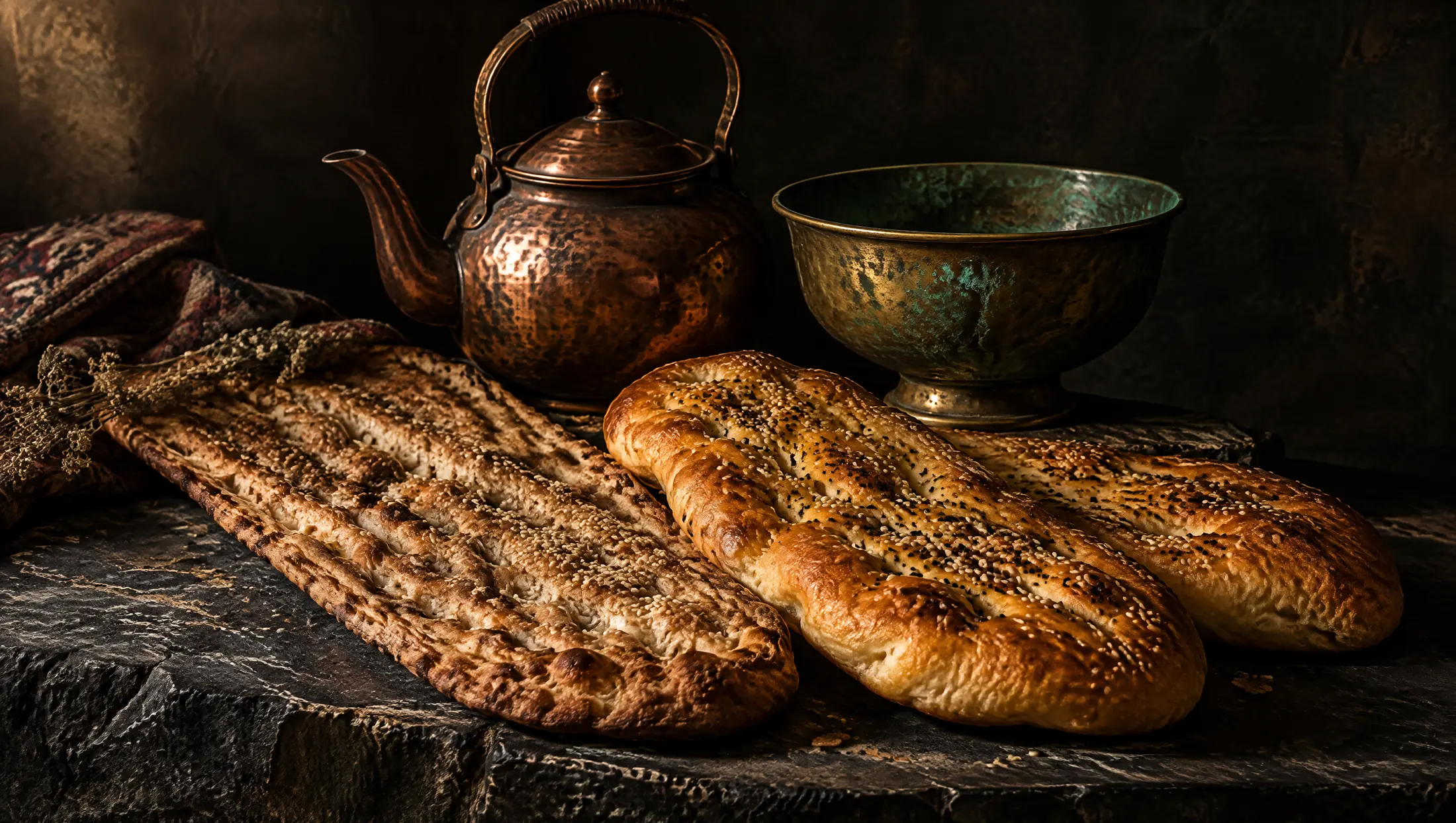 Sangak and barbari flatbreads on a dark stone slab beside a copper teapot